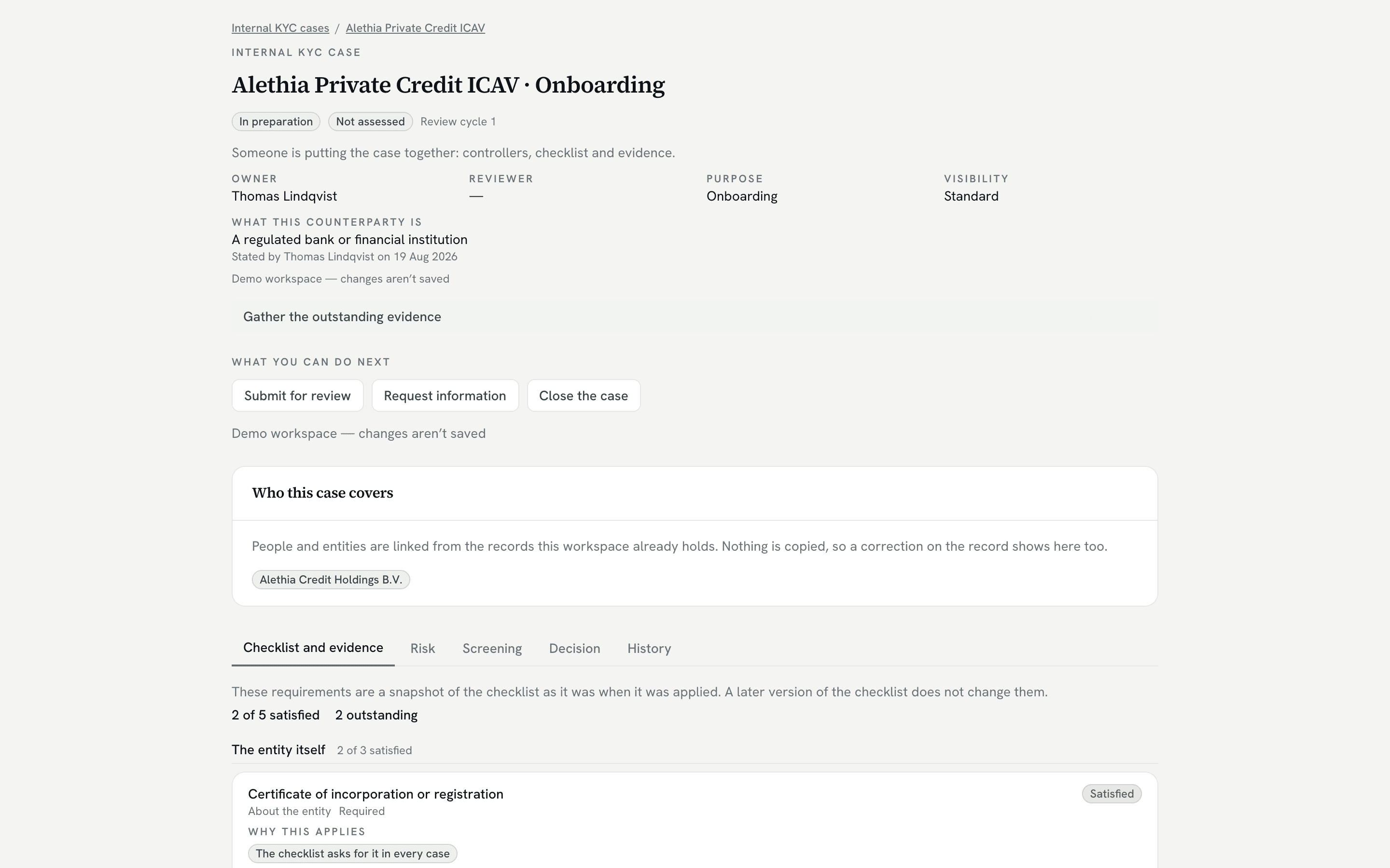 An internal KYC case in the demo workspace: Alethia Private Credit ICAV, onboarding, in preparation