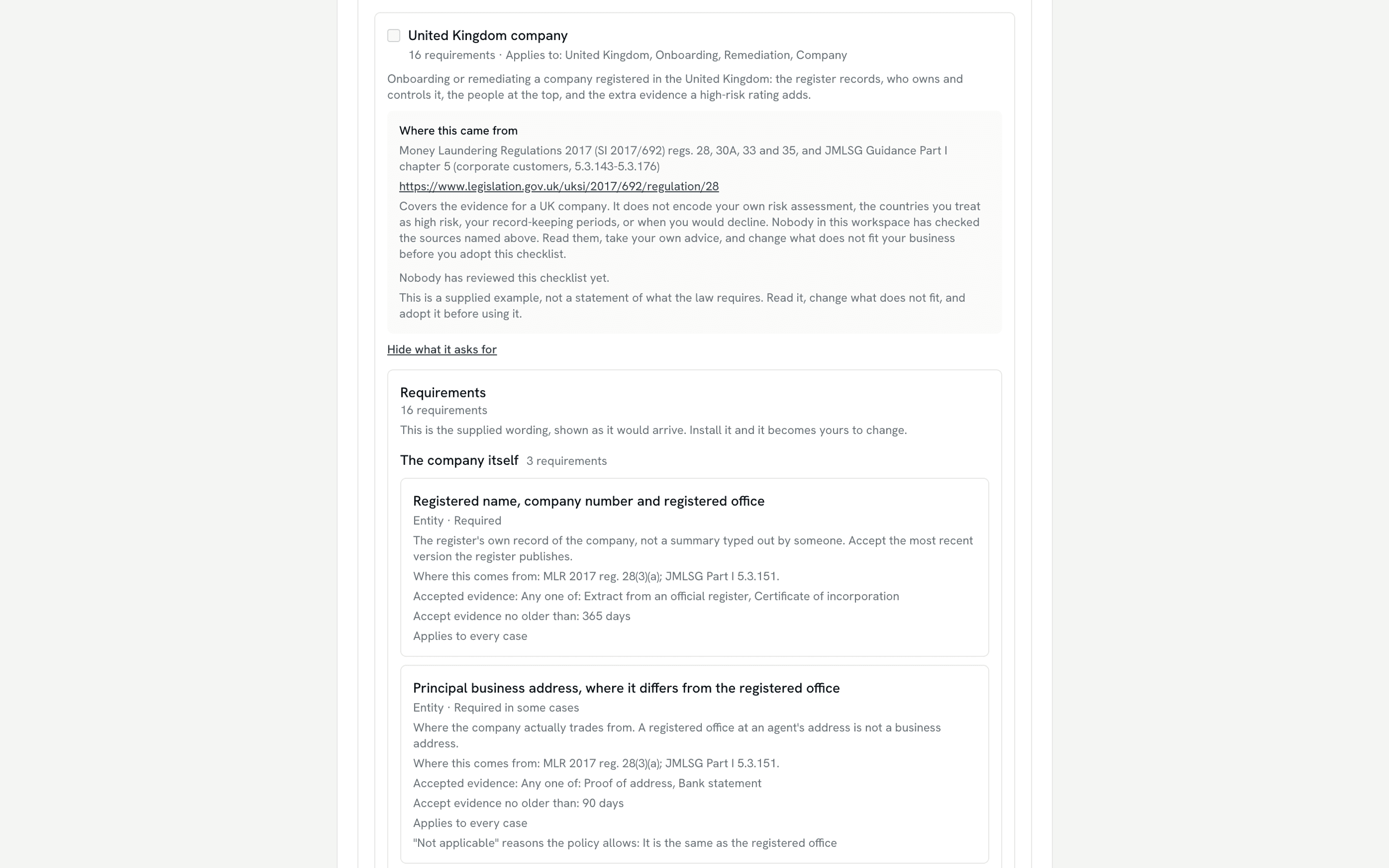 The due diligence checklists page in Settings, with the United Kingdom company checklist opened to show what it asks for