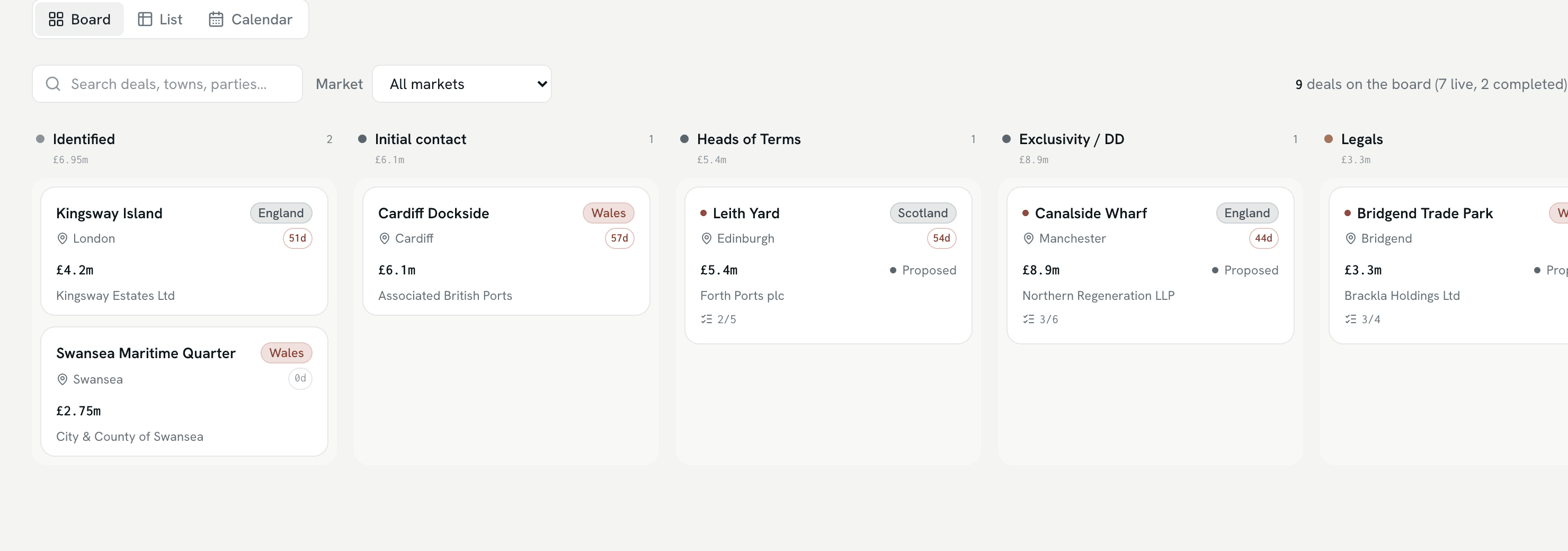 The deal board in the demo workspace, with deals in stage lanes