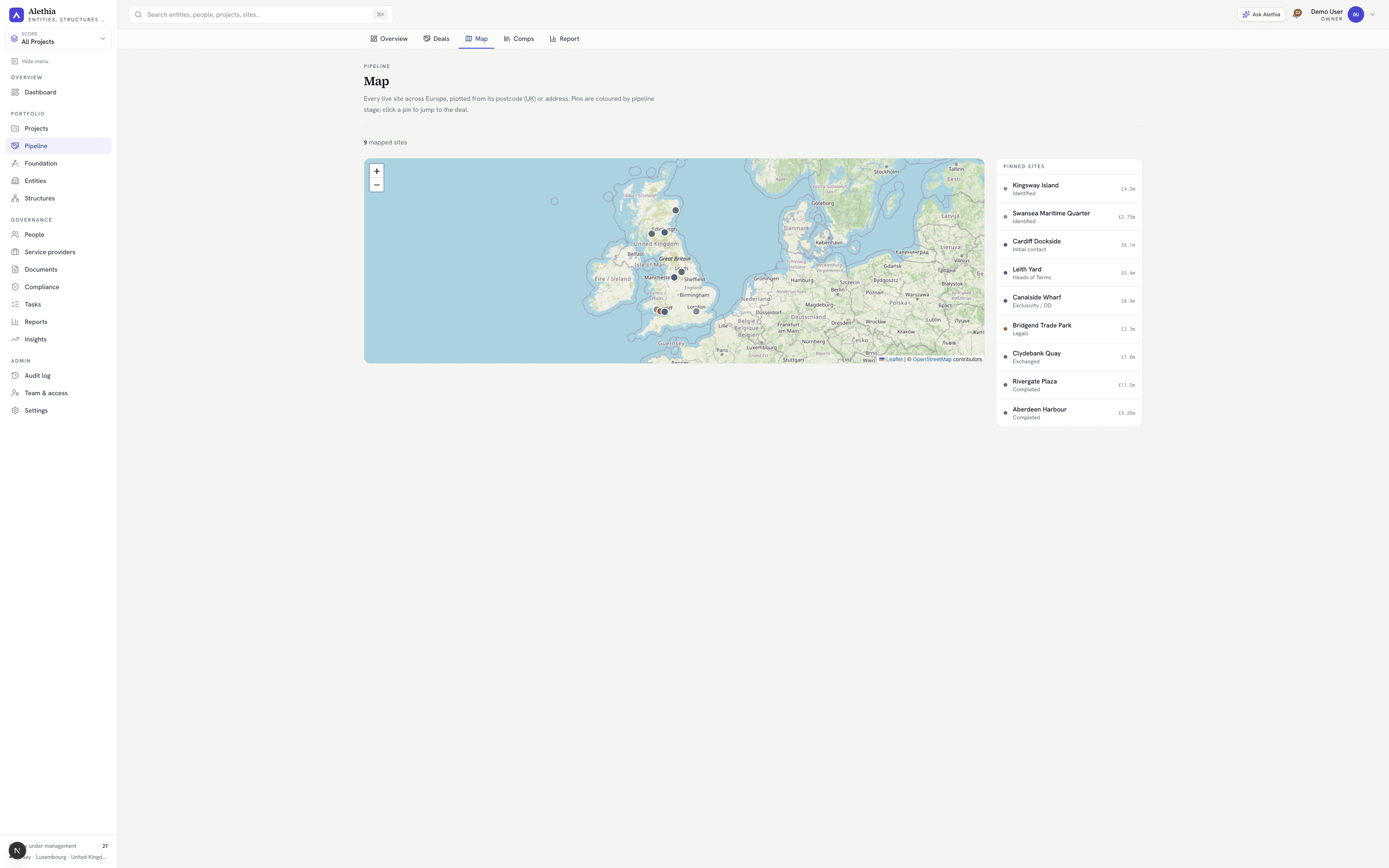 Live sites plotted across Europe, pins coloured by pipeline stage
